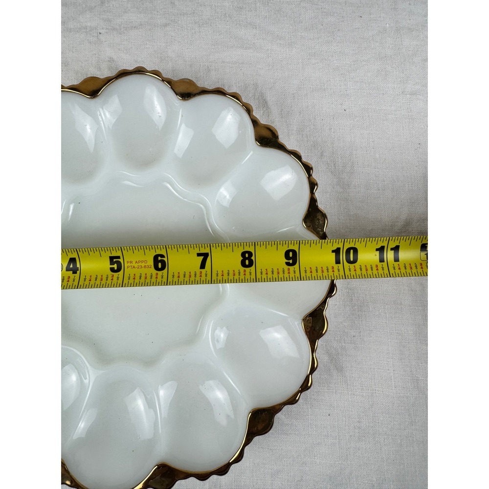 Vintage Milk Glass Deviled Egg Platter Gold Encrusted Scalloped Rim 10 Inch Tray - Picture 3 of 4
